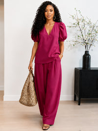 Puff-Sleeve V-Neck Top & Pants Set