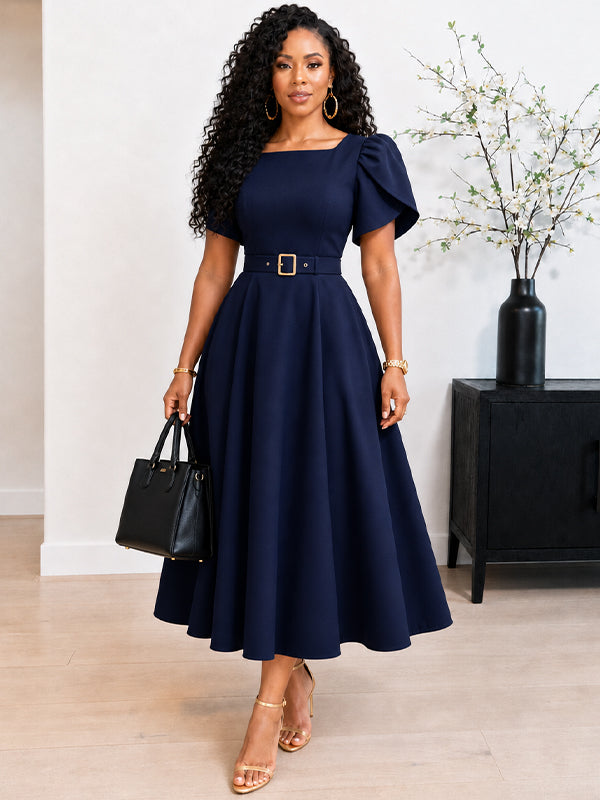 Puff-Sleeve Belted Dress