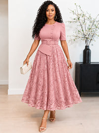 Lace Combo Belted Dress