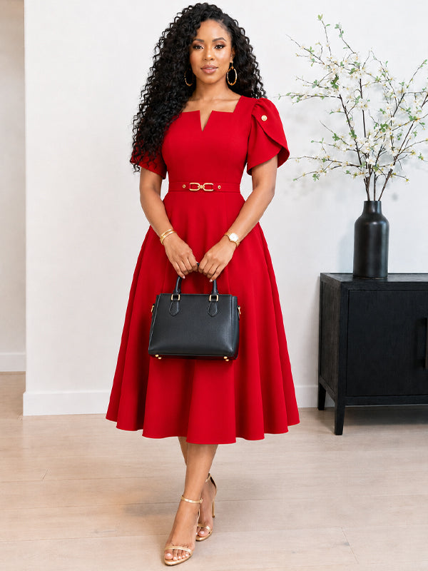Belted V-Neck Midi Dress