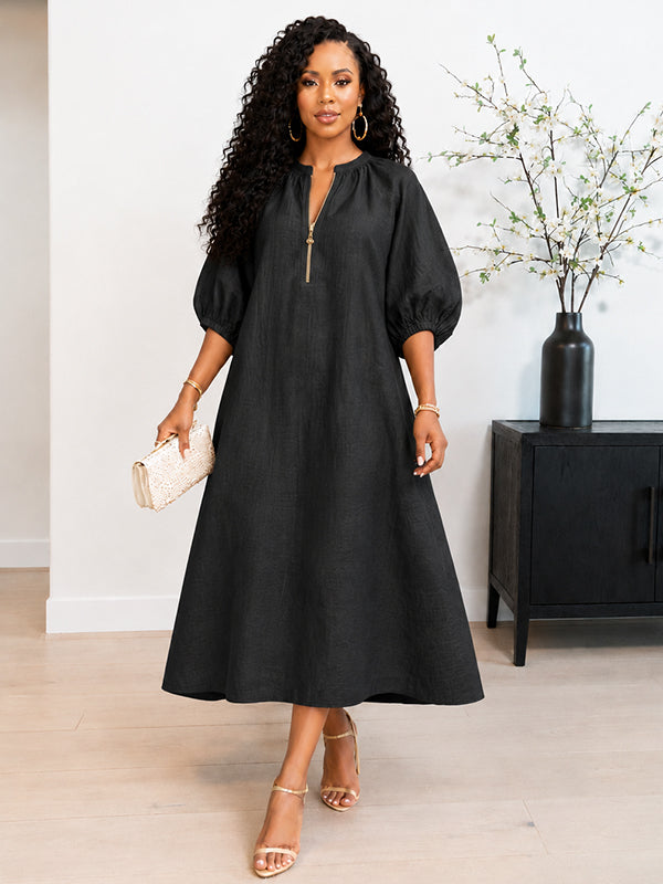 Solid Puff-Sleeve Zip-Front Dress