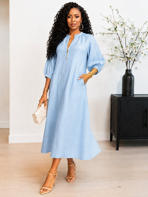 Solid Puff-Sleeve Zip-Front Dress