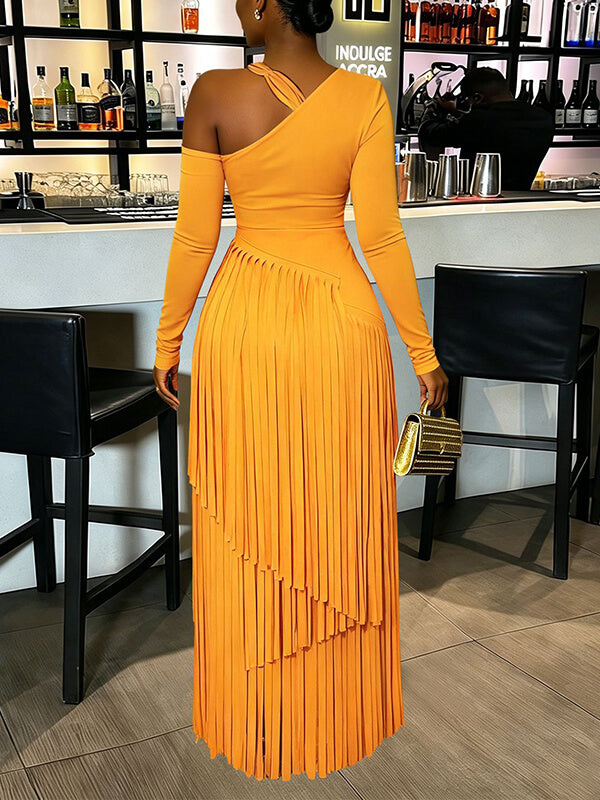 Asymmetric-Neck Fringe Dress
