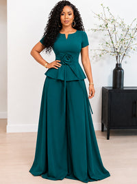 3D Floral Top & Wide-Leg Pants Set