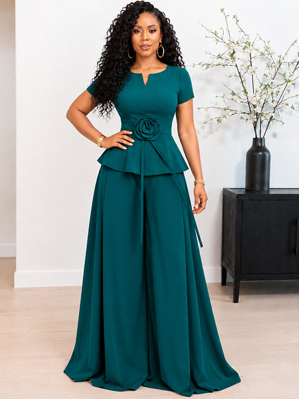 3D Floral Top & Wide-Leg Pants Set