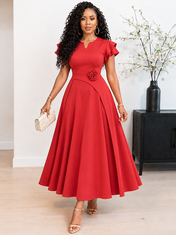 Solid 3D Floral Midi Dress
