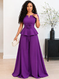 3D Floral Top & Wide-Leg Pants Set