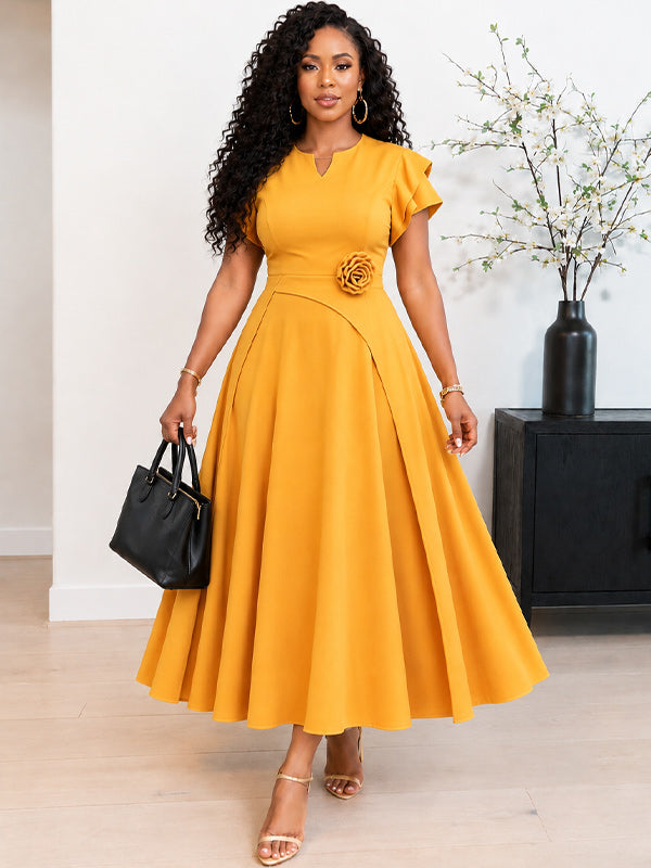 Solid 3D Floral Midi Dress