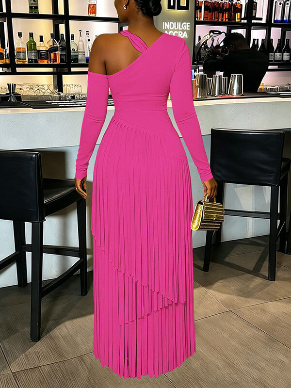 Asymmetric-Neck Fringe Dress