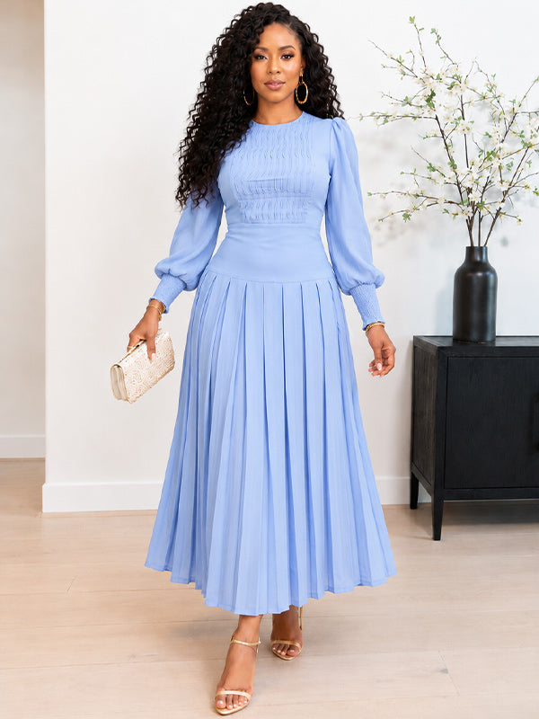 Bishop-Sleeve Pleated Dress