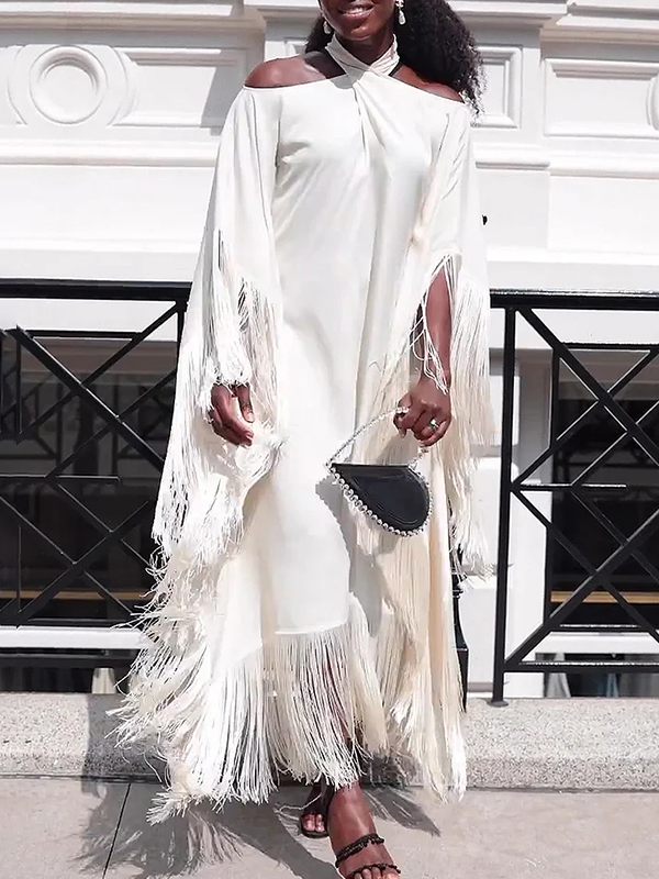 Beautiedoll White Halter Fringe Dress