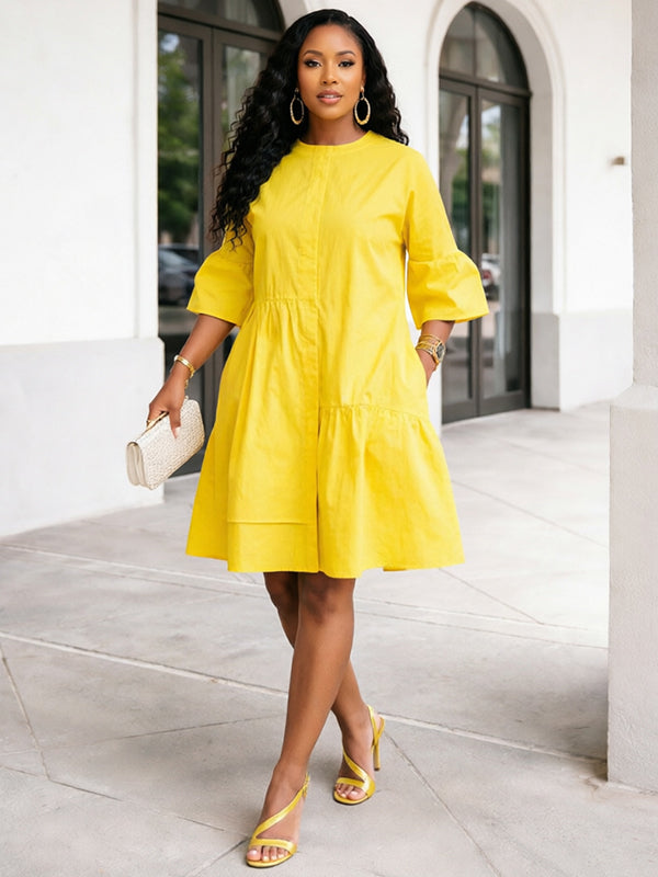 Solid Bell-Sleeve Shirt Dress