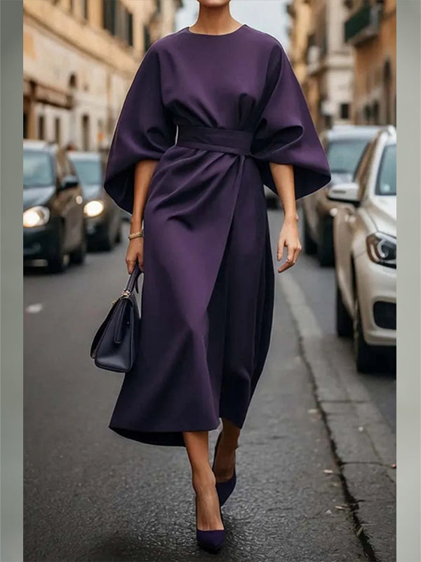 Beautiedoll Solid Cinched-Waist Midi Dress