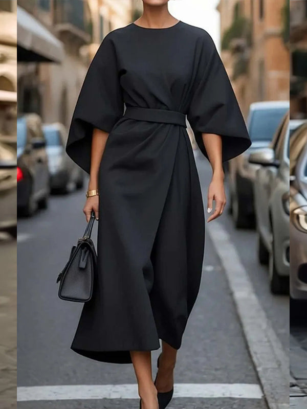 Beautiedoll Solid Cinched-Waist Midi Dress