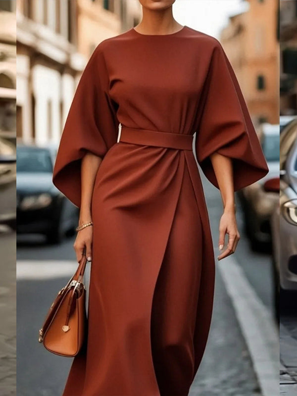 Beautiedoll Solid Cinched-Waist Midi Dress