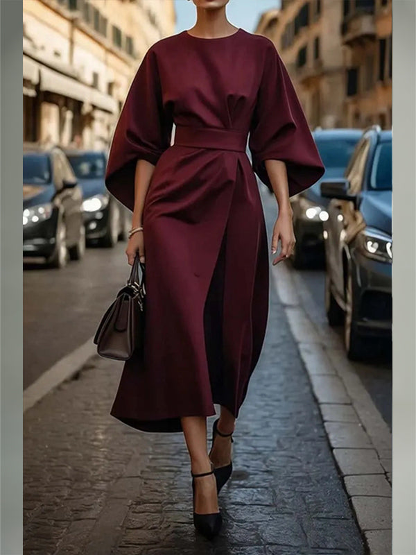 Beautiedoll Solid Cinched-Waist Midi Dress