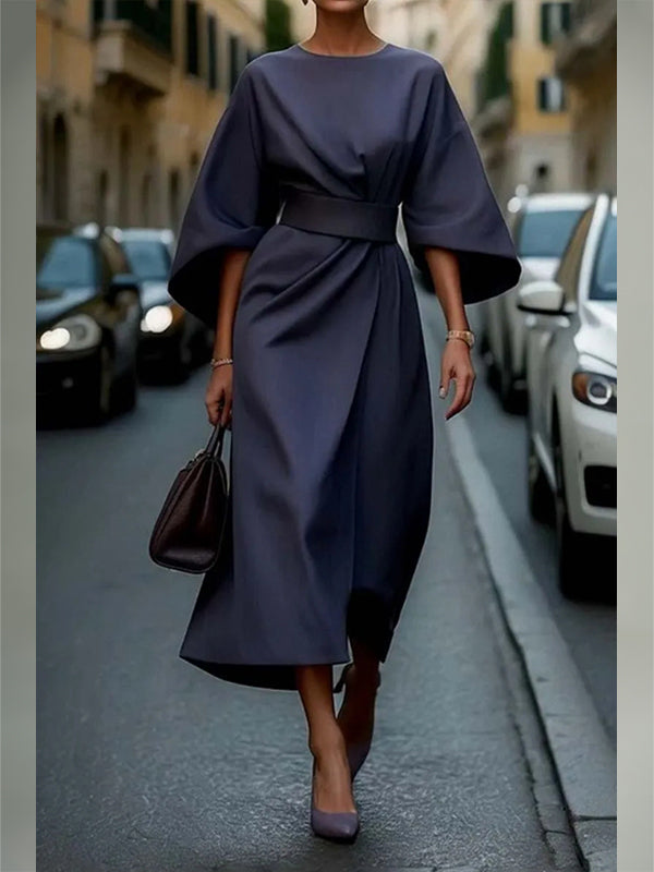 Beautiedoll Solid Cinched-Waist Midi Dress