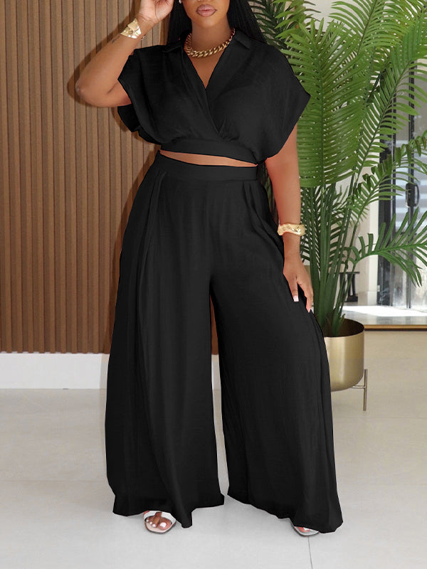 V-Neck Shirt & Wide-Leg Pants Set