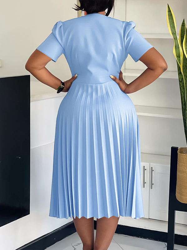 Beautiedoll Solid V-Neck Pleated Dress