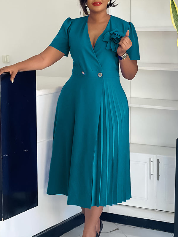 Beautiedoll Solid V-Neck Pleated Dress