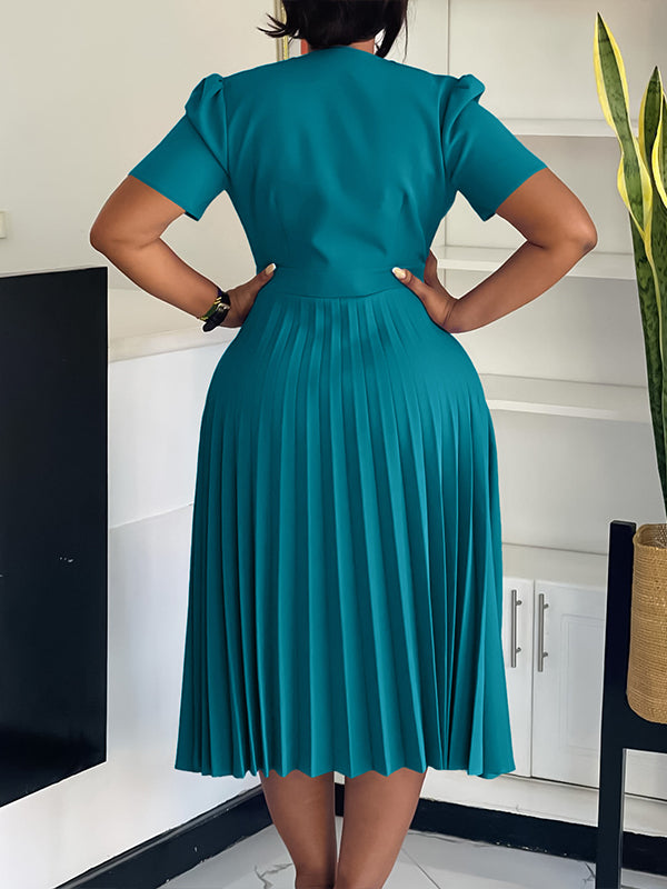 Beautiedoll Solid V-Neck Pleated Dress