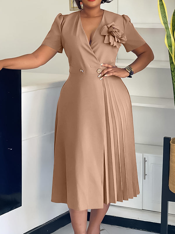 Beautiedoll Solid V-Neck Pleated Dress