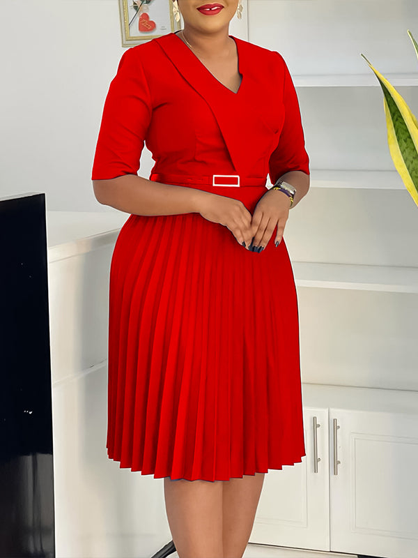 Beautiedoll V-Neck Belted Pleated Dress