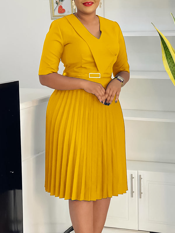 Beautiedoll V-Neck Belted Pleated Dress