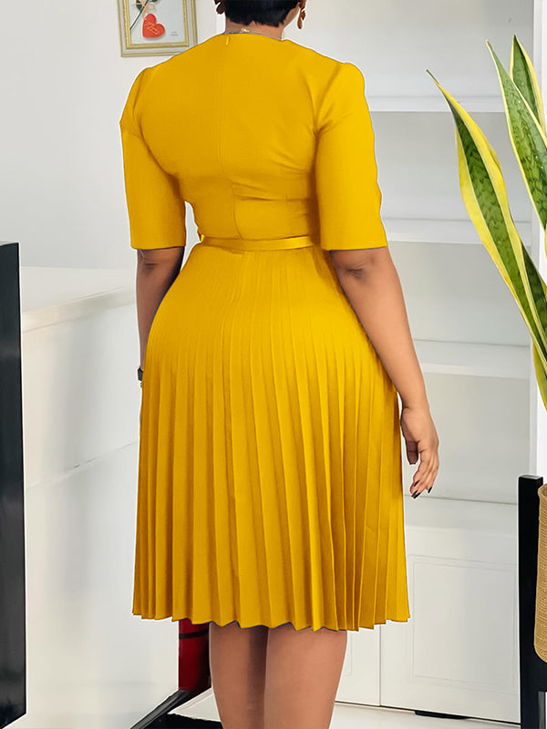 Beautiedoll V-Neck Belted Pleated Dress