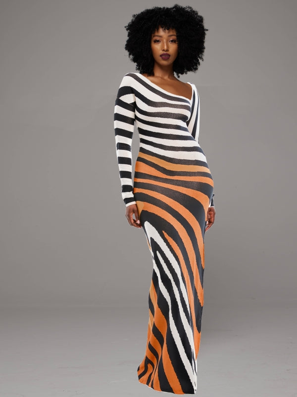 Stripe Asymmetric-Neck Maxi Dress