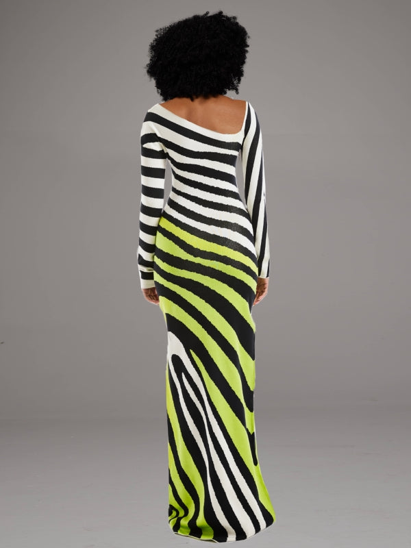 Stripe Asymmetric-Neck Maxi Dress