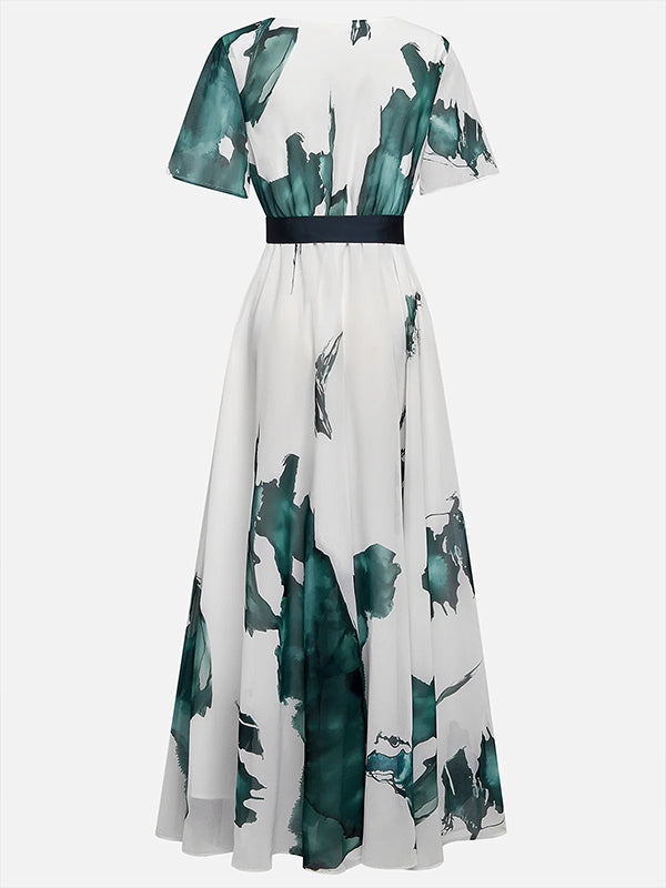 Printed V-Neck Tied Dress