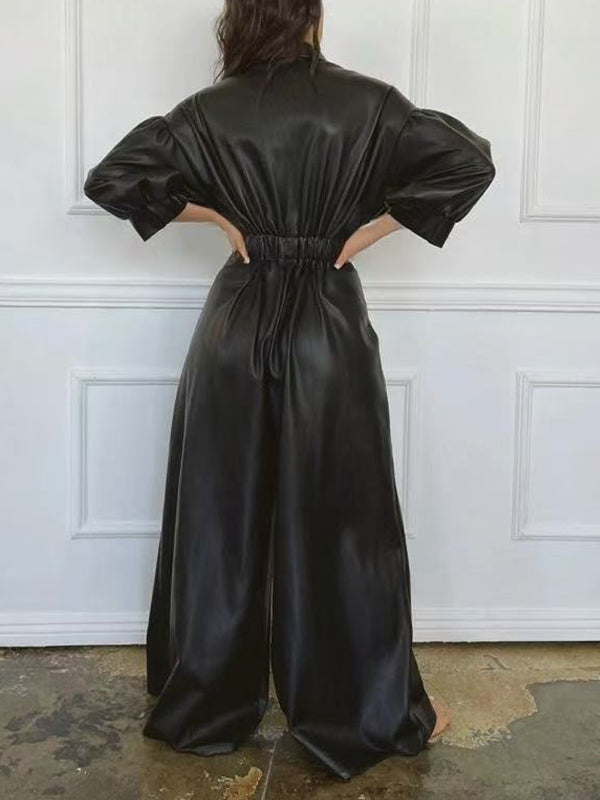 Beautiedoll Faux-Leather Wide-Leg Jumpsuit