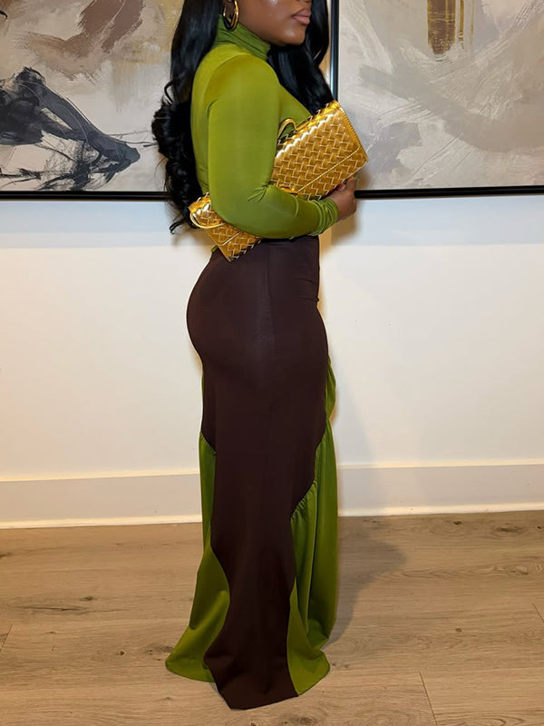 Two-Tone Ruched Maxi Dress