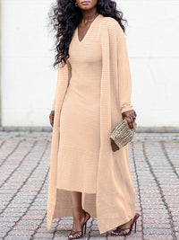 Beautiedoll Solid V-Neck Dress & Cardigan Set