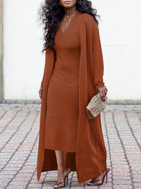 Beautiedoll Solid V-Neck Dress & Cardigan Set