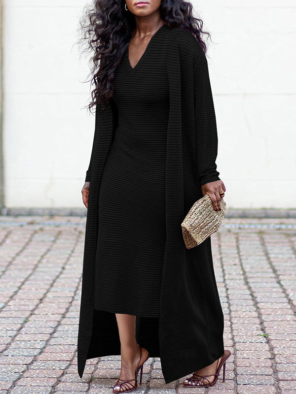 Beautiedoll Solid V-Neck Dress & Cardigan Set