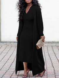 Beautiedoll Solid V-Neck Dress & Cardigan Set