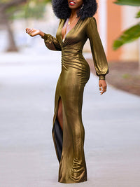Metallic V-Neck Maxi Dress