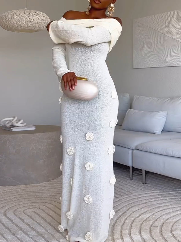 Solid Floral Off-Shoulder Dress