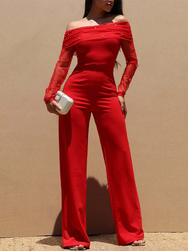 Pearl-Studded Off-Shoulder Jumpsuit