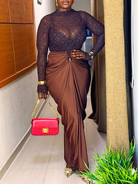 Mock-Neck Lace Top & Ruched Skirt Set