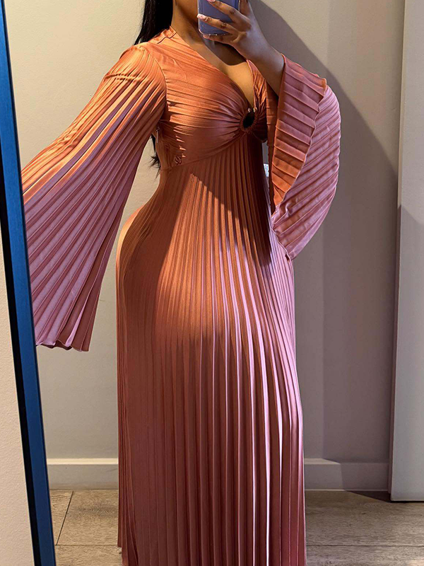 V-Neck Pleated Maxi Dress