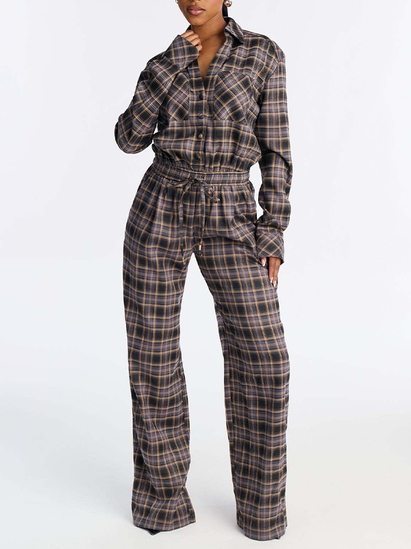 Plaid Button-Front Jumpsuit