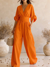 Solid V-Neck Wide-Leg Jumpsuit