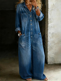 Button-Front Denim Jumpsuit--Clearance