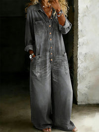 Button-Front Denim Jumpsuit--Clearance