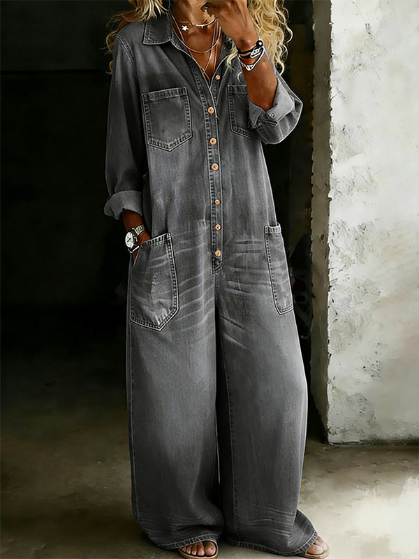Button-Front Denim Jumpsuit--Clearance