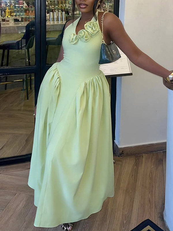 Solid Floral Halter Dress