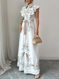 Printed Ruffle Tied Shirt Dress